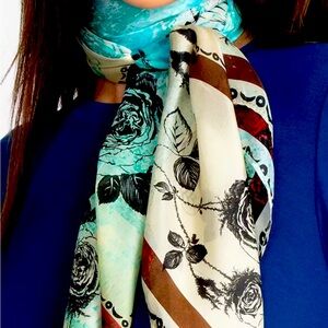 Johnny Was Emillia Blue FLOWER Beige Scarf Scarves Silk Brn Floral Geometric